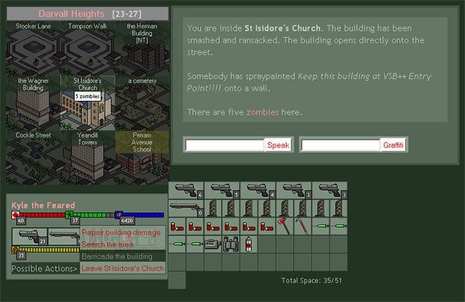 Tampilan game Urban Dead dengan antarmuka khas game awal 2000-an